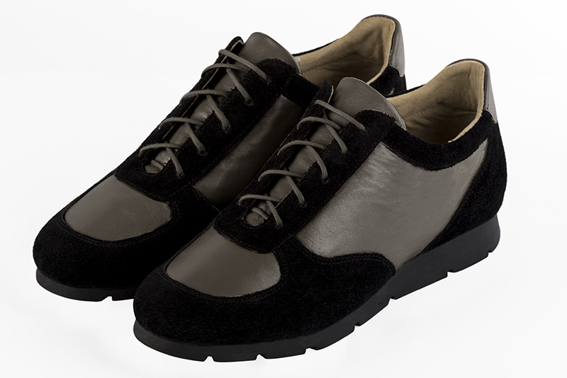 Matt black and taupe brown women's one-tone elegant sneakers. Round toe. Flat rubber soles. Front view - Florence KOOIJMAN